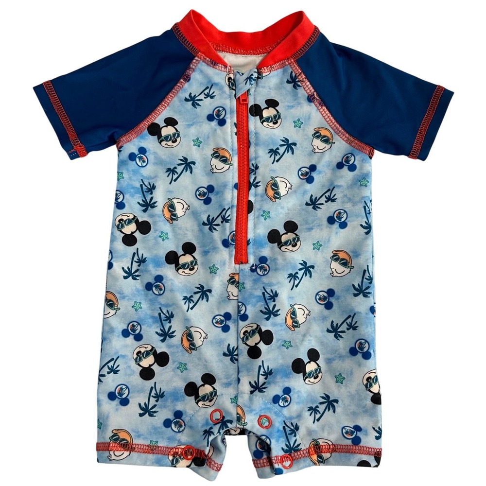 Disney‎ Baby Blue Rash Guard Romper Swimsuit 0-3 Months Mickey Mouse Donald Duck